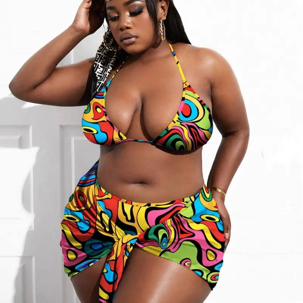 Vibrant Multicolor Plus-Size Triangle Bikini with Sarong
